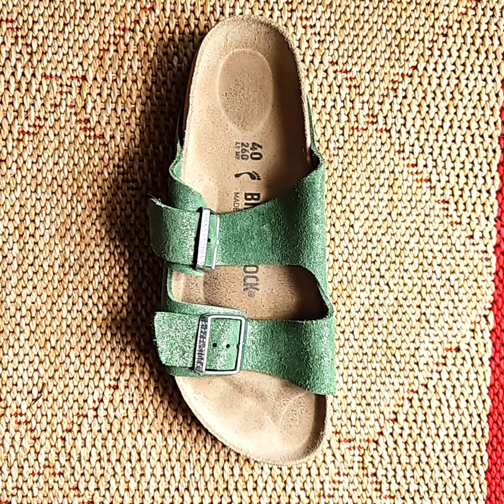 Birkenstock Arizona Soft Green Suede Sparkle sandals sz 40
